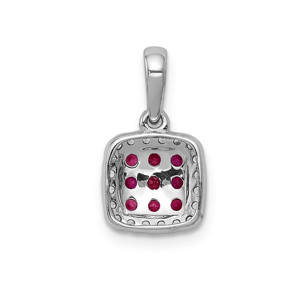14k White Gold Diamond & .23 Red Ruby Square Halo Necklace Charm Pendant - Picture 3 of 4